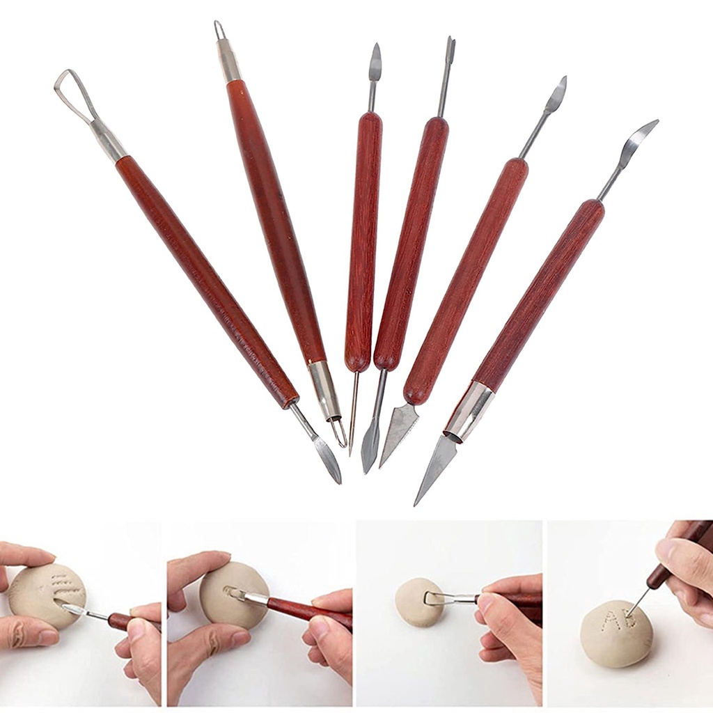 Bộ 6 Dụng Cụ Điêu Khắc Đất Sét Bằng Thép Không Gỉ Với Tay Cầm Bằng Gỗ