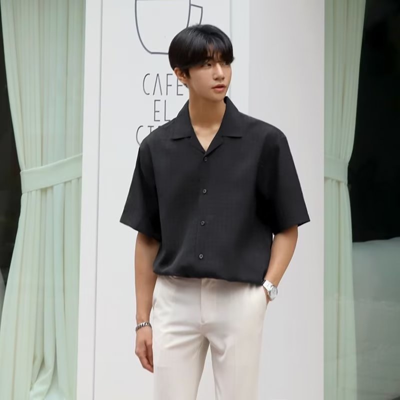 Áo Sơ Mi Nam Tay Ngắn Dáng Rộng Họa Tiết Caro Phong Cách Hàn Quốc