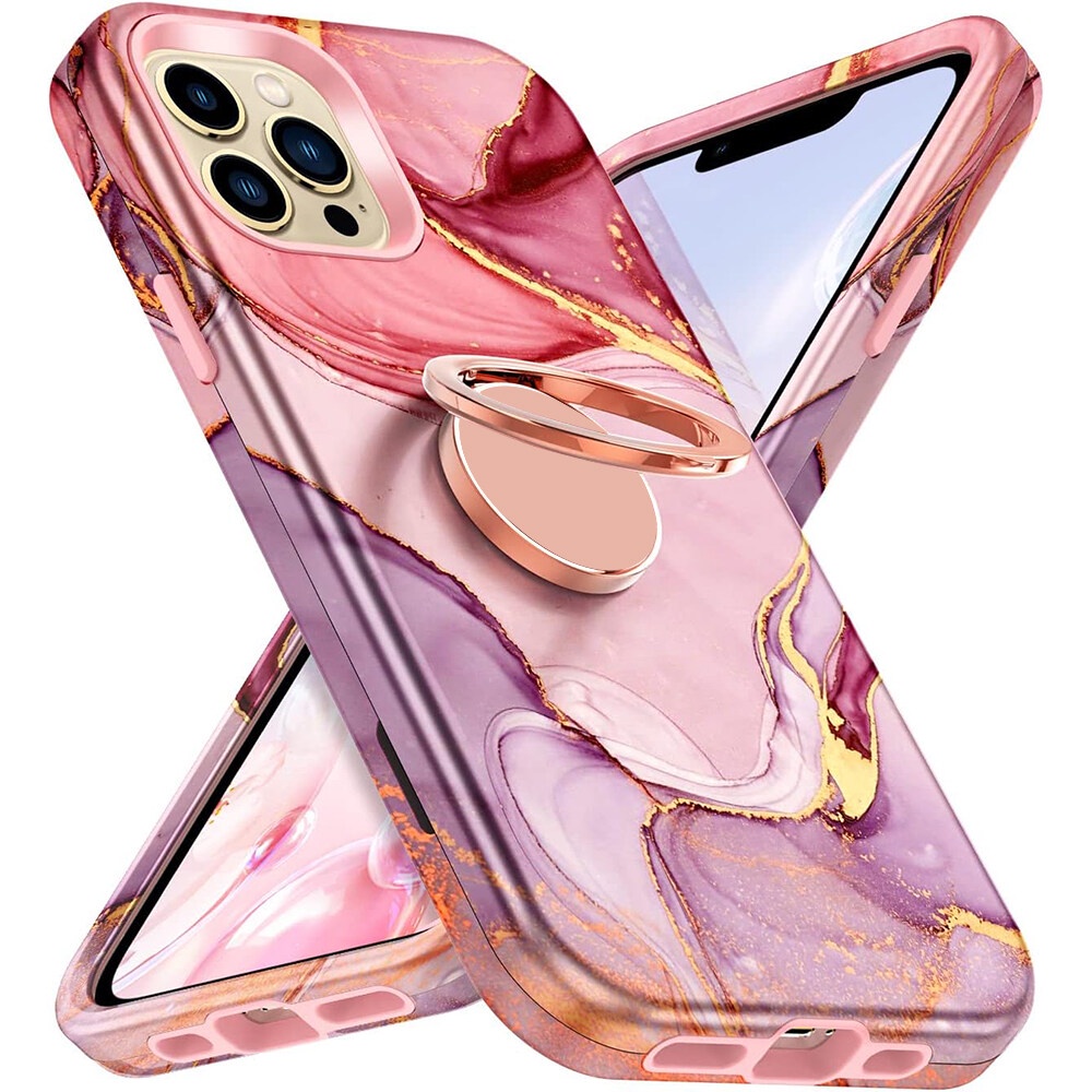 Dành cho iPhone 17 Pro Max có giá đỡ vòng kim loại, TPU chắc chắn 3 trong 1 bằng đá cẩm thạch + lưng