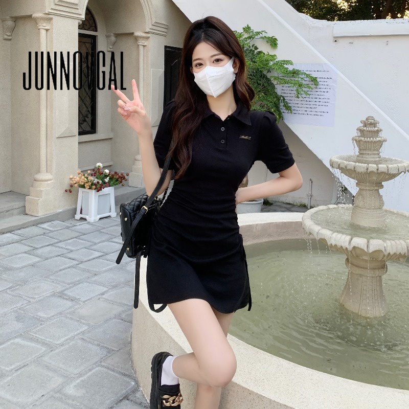 Đầm nữ mỏng JUNNOVGAL cổ polo ôm dáng vừa vặn phối dây rút size lớn thời trang mới 2023