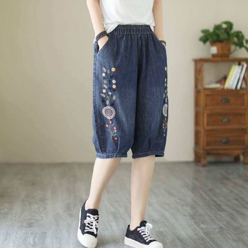 Quần Short Denim Mỏng Dáng Rộng Thêu Họa Tiết Thời Trang Mùa Hè 2023 Cho Nữ