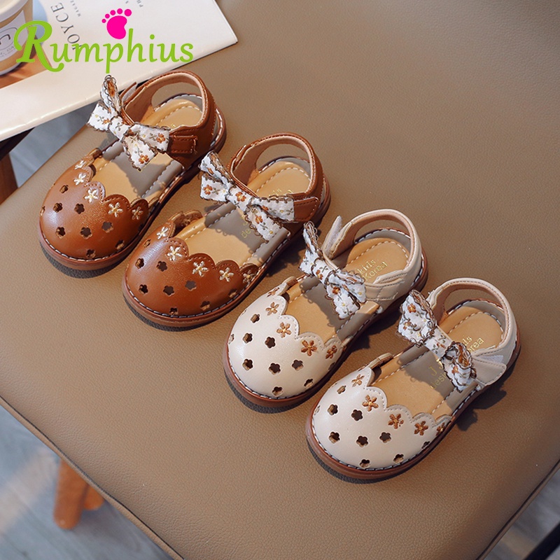 Rumphius Xăng đan Đế Mềm Đính Nơ Thêu Hoa Dành Cho Bé Gái Size 21-30