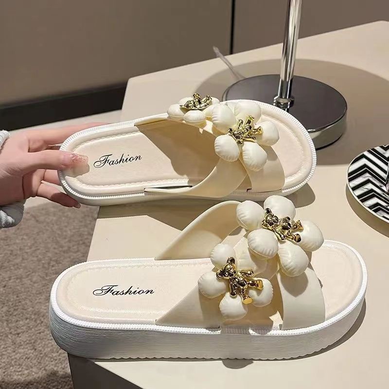 Dép Sandal Đế Dày Quai Ngang Họa Tiết Hoa Phong Cách Hàn Quốc Thời Trang Mùa Hè Cho Nữ