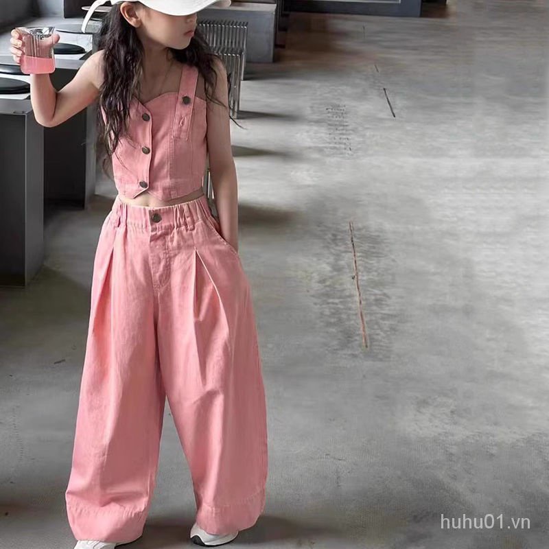 Bộ Áo Denim Hai Dây + Quần Dài Ống Đứng Phong Cách Hàn Quốc 2023 Cho Bé Gáihuhu01.vnhuhu01.vnhuhu01.vn