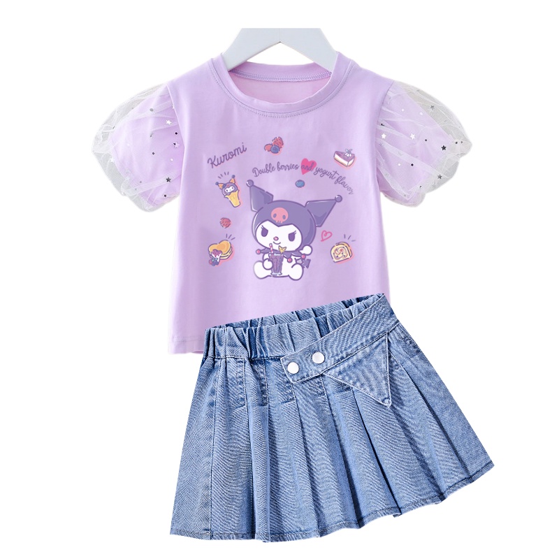 Bộ Áo Thun cotton In Hoạt Hình kuromi Phối Chân váy jean Xếp Ly Kiểu Hàn Quốc Thời Trang Cho Bé Gái