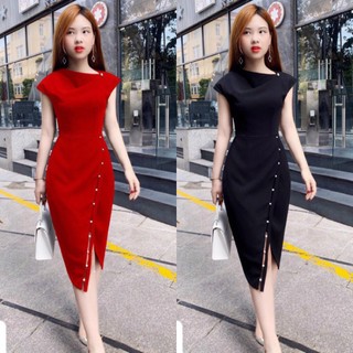 Đầm ôm dự tiệc sang trọng phối cườm xéo dễ thương xẻ đùi xếp li xinh xắn