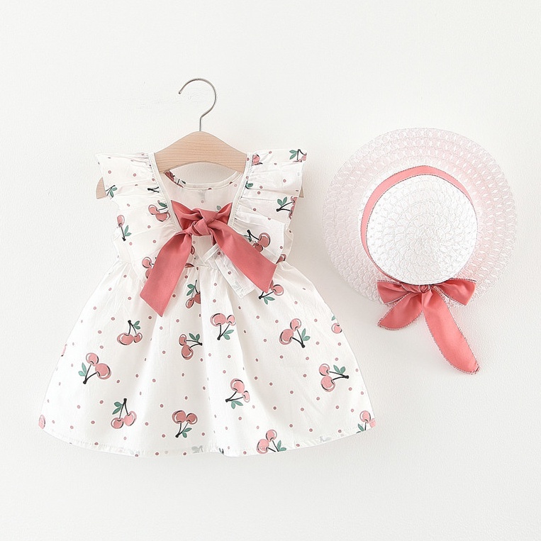 Đầm Cotton Cổ Búp Bê In Họa Tiết Cherry Dễ Thương Thời Trang Mùa Hè Cho Bé Gái