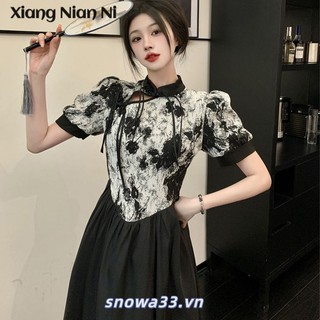 Xiang Nian Ni Váy Chữ A Tay Ngắn Eo Cao Ghép Nối Họa Tiết Mực In Thời Trang Mùa Hè
