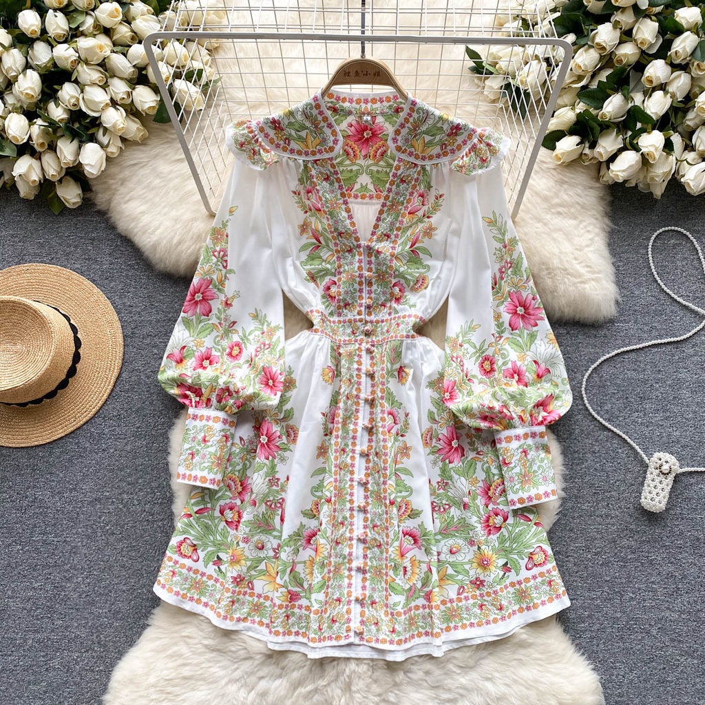 Đầm Ngắn Dáng Chữ A Tay Phồng Cổ Chữ V Eo Cao In Họa Tiết Thổ Cẩm Thời Trang Mùa Xuân Cổ Điển Dành Cho Bạn Nữ