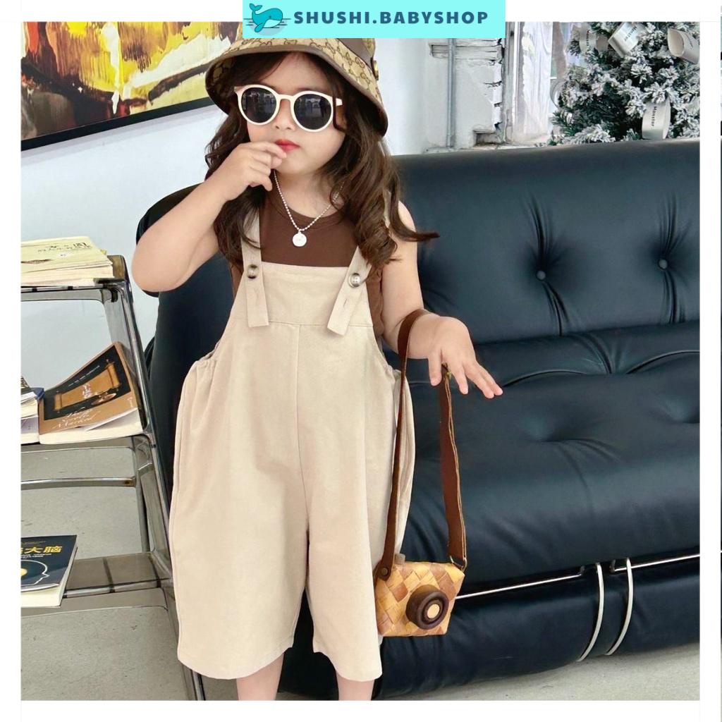 Set yếm be kaki phối áo ba lỗ nâu Sofia cho bé gái đi chơi, đi tiệc, đi học size 10kg tới 45kg Shushibaby