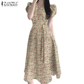 Đầm midi ZANZEA tay ngắn cổ chữ V họa tiết hoa thời trang cho nữ