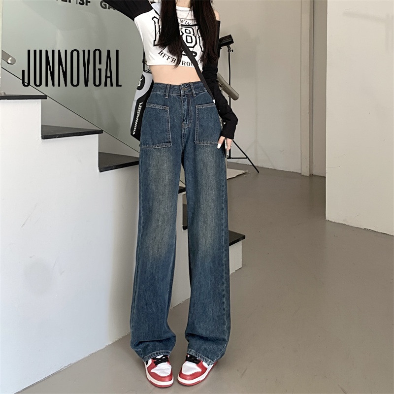 Junnovgal ladies 2023 thời trang mới quần jean ống rộng cạp thẳng