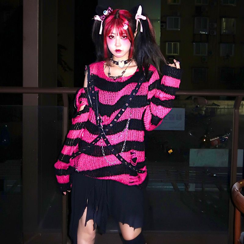 Áo Sweater Y2K Shibuya Hot Girl Y2K Millennium Thiết Kế Lỗ Rỗng Phối Màu Tương Phản Phong Cách Punk
