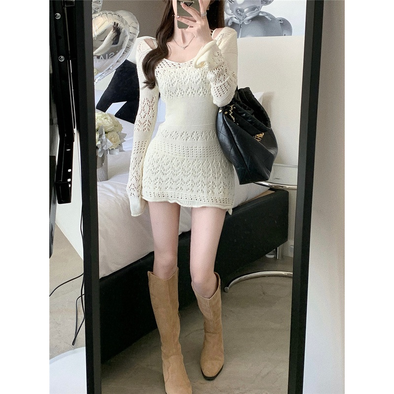 He Chenxi White hollow-out knitted dress women's new gentle temperament close-fitting waist long sleeve skirt MC clothing N4BI