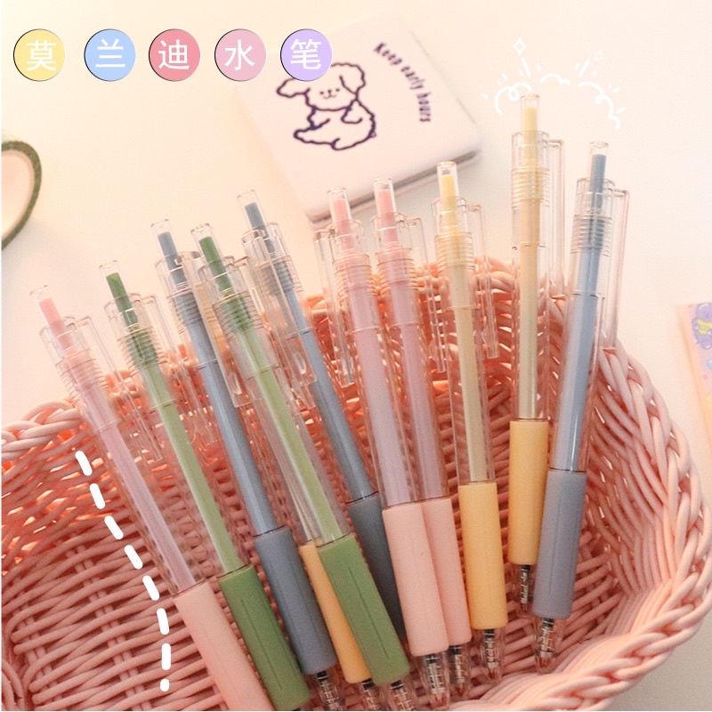 Bút Bi Bút Gel Màu Macaron Dạng Bấm Ngòi 0.5mm Mực Đen Gấu Mon