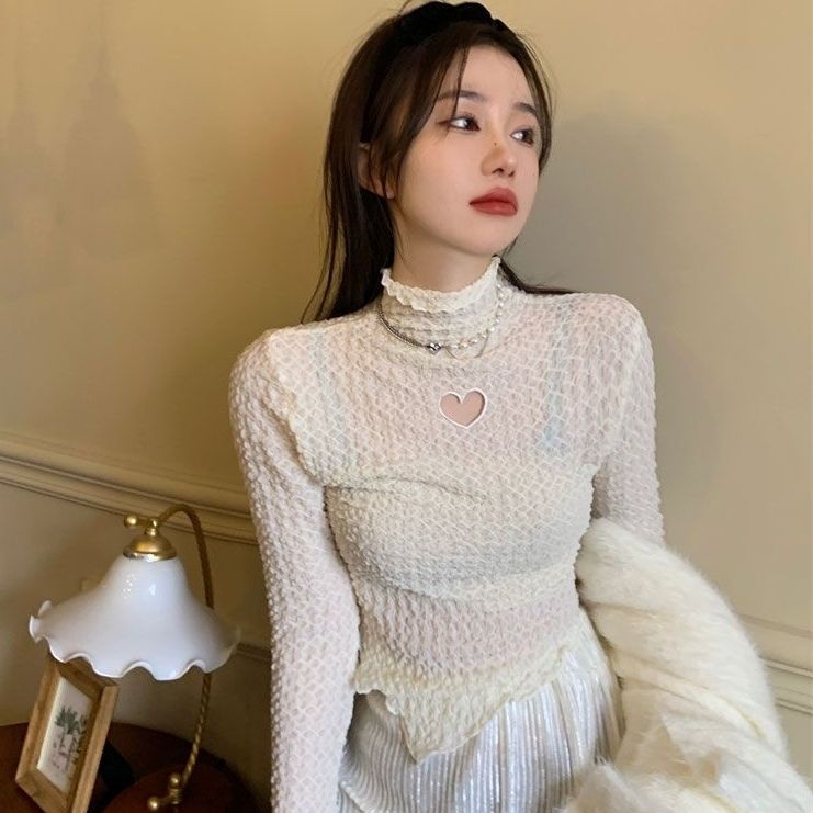 Thời trang nữ ngọt ngào không đều xếp ly nửa cổ cao dệt kim đáy t-shirt