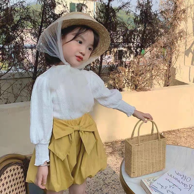 Áo Dệt Kim Tay Phồng Phối Ren Phong Cách Hàn Quốc Thời Trang Mùa Thu Mới 2023 Cho Bé Gái 80-150CM