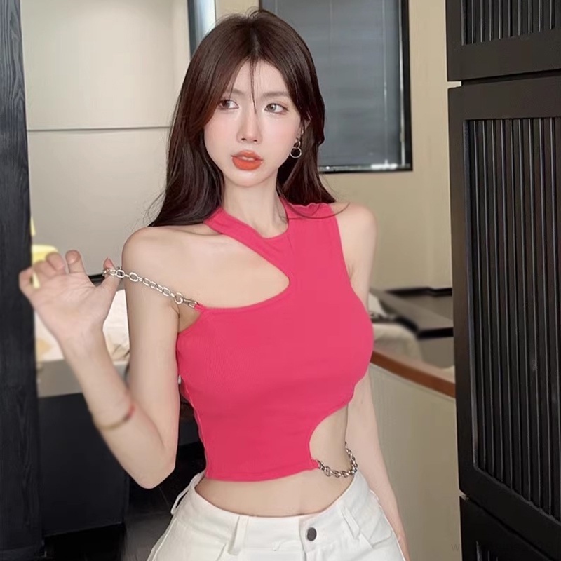 Thời trang croptop của phụ nữ mùa hè Áo hai dây cotton không tay mỏng gợi cảm dây áo tăng không đều