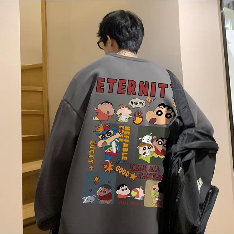 Sweater nam form rộng big size tới 120kg Nhật Bản Cartoon Crayon In ấn Shin Unisex Thời Trang Trẻ Trung