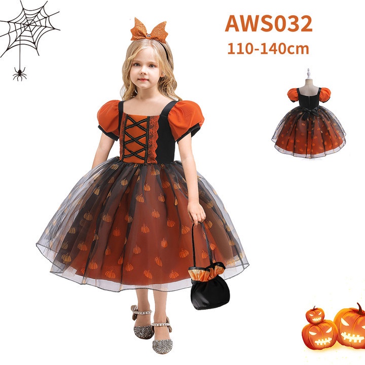 2023 trang phục halloween cho trẻ em váy cosplay màu cam bí ngô trang điểm bóng biểu diễn váy cô gái váy công chúa