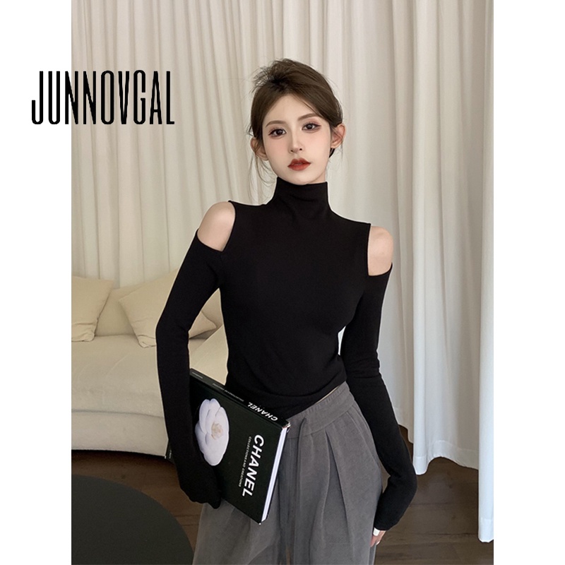 Áo thun nữ JUNNOVGAL tay dài hở vai cổ cao nửa thời trang mới 2023