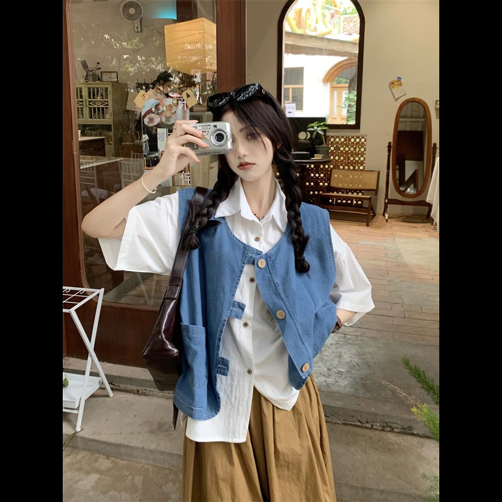 Set Chân váy jean Lưng Cao Và Áo Ba Lỗ Phong Cách hong kong Thời Trang Mới Cho Nữ