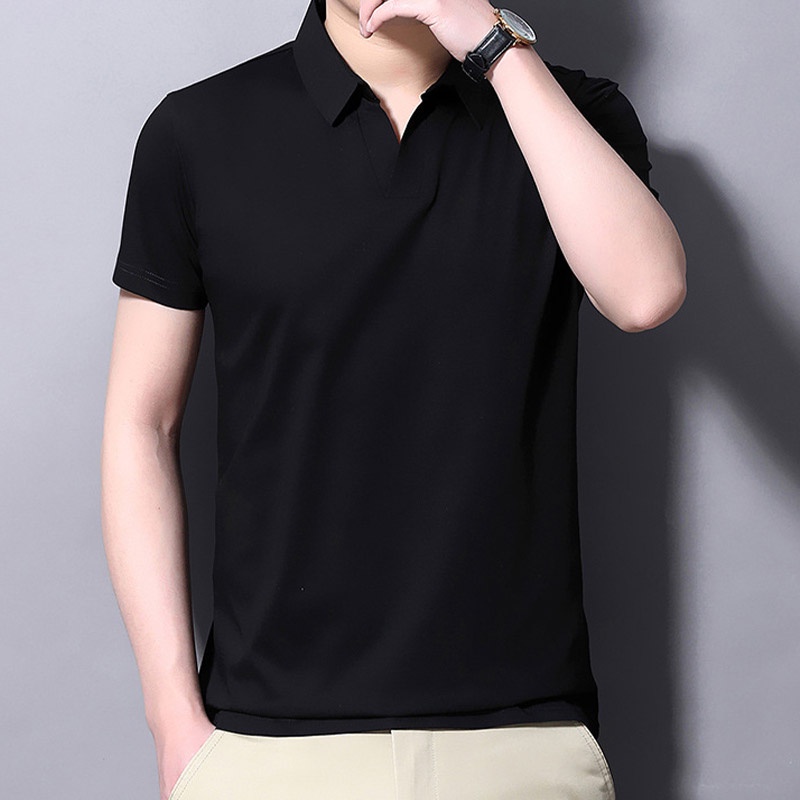 Áo polo HANLU chất lụa băng rộng rãi thoáng khí màu sắc đơn giản công sở cho nam