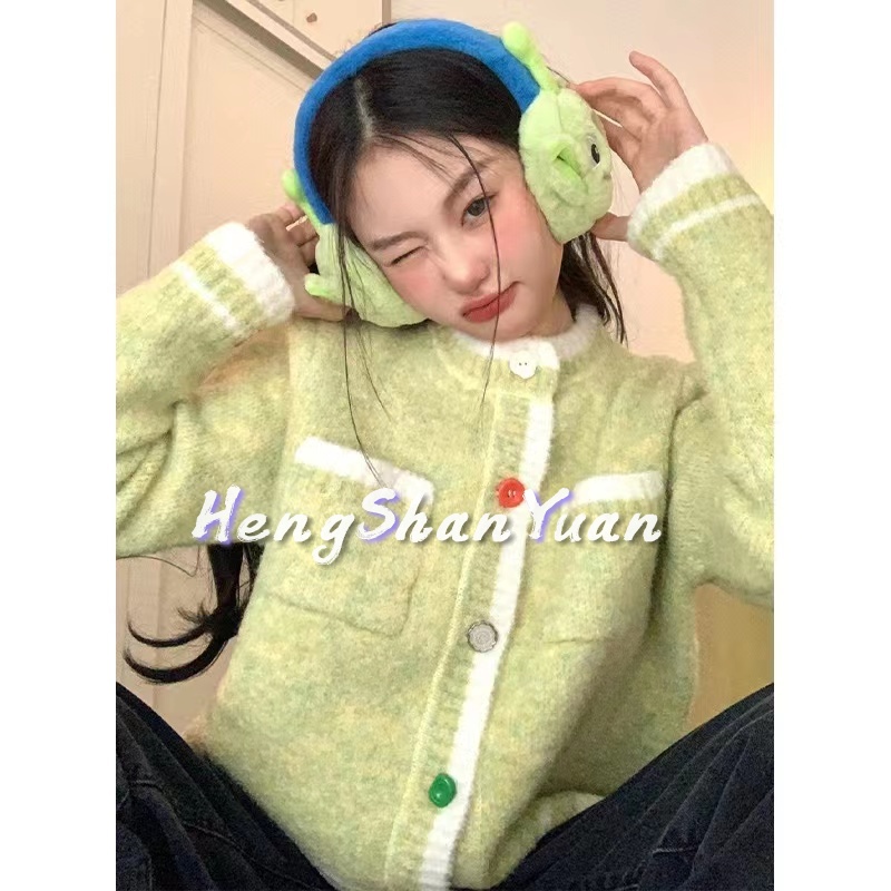 Áo khoác HENG SHAN YUAN dài tay dáng rộng màu xanh als ngọt ngào thời trang retro cho nữ