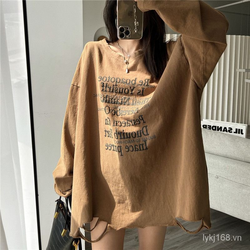 Áo sơ mi oversize  thời trang rộng thùng thình plus size t áo sơ mi dài tay mỏng đa năng chữ in oversize t-shirt big size top shirt bm1f