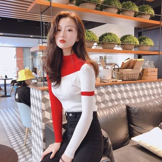 Women's korean-style sweater new knitted slim fit versatile color matching long-sleeved sweater