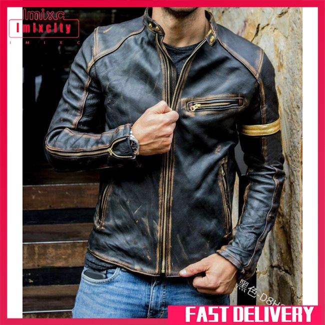 Imixcity men stand collar leather jacket zipper motorcycle lightweight faux leather outwear with multi-pockets