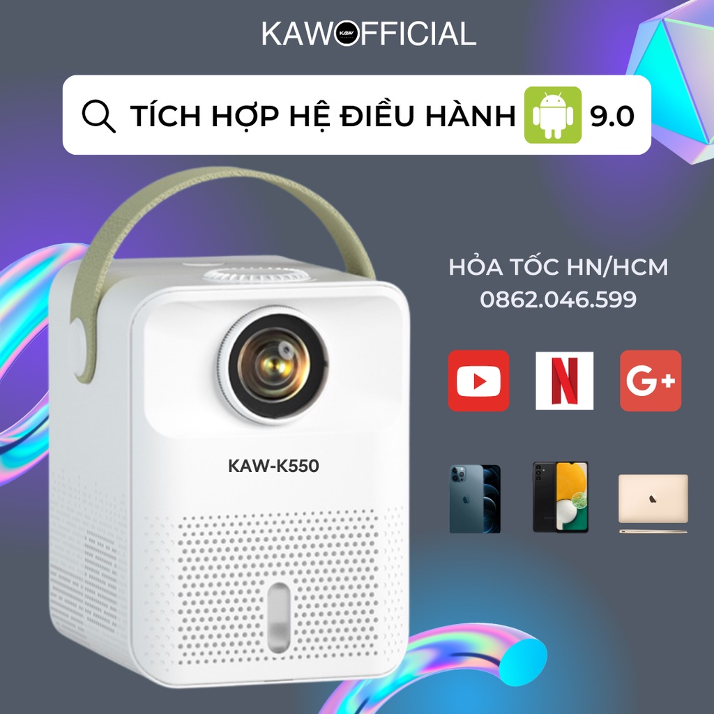 Máy chiếu mini KAW K550 Plus siêu nét, Kết nối wifi, bluetooth, dễ dàng kết nối điện thoại, máy tính