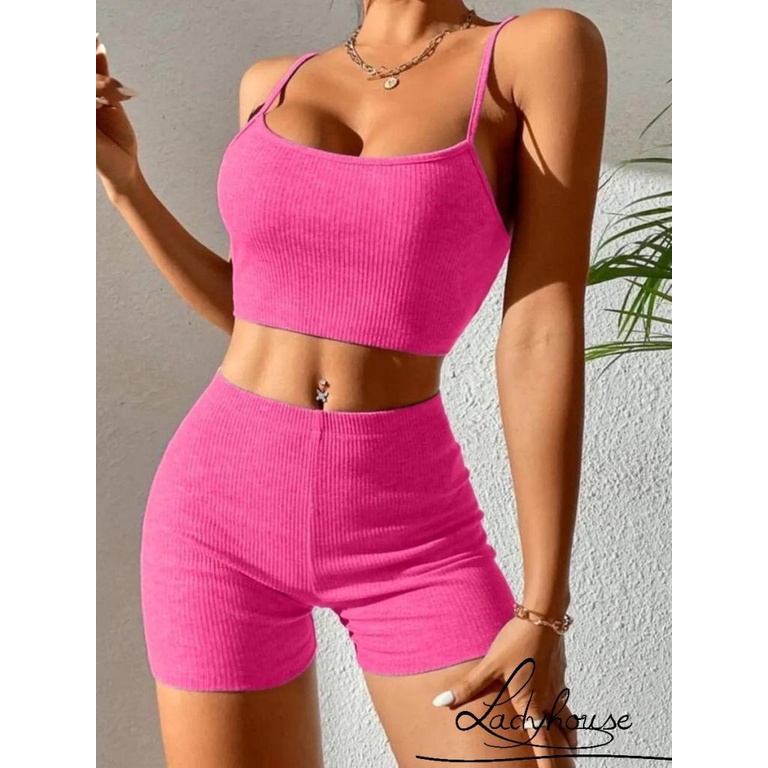Set Đồ Mùa Hè 2 Món Gồm Áo Hai Dây Gân Gân + Quần Ngắn Eo Cao Cho Nữ Tập yoga
