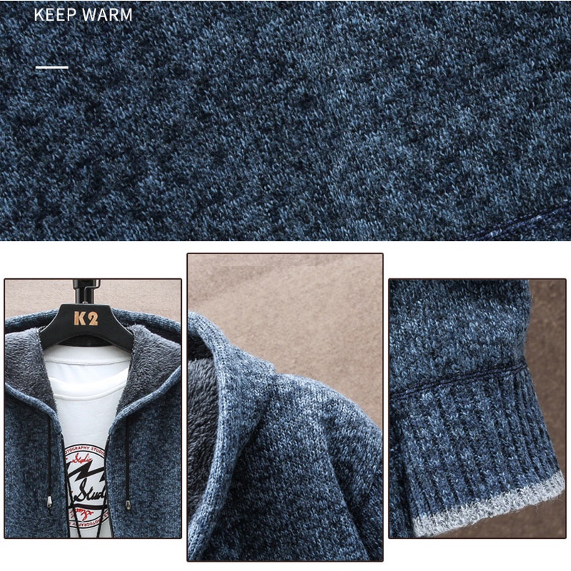 Áo khoác len nam hanlu dây kéo dài tay có túi lông cừu dày có mũ trùm đầu vải chất lượng hàng đầu