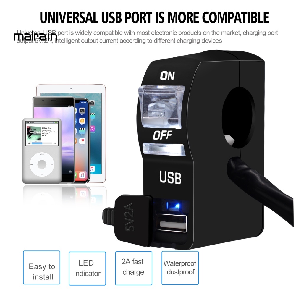 Công Tắc Đèn Pha Xe Máy 12V Có Đèn Báo Hiệu Một Cổng Sạc Màu Trong Suốt