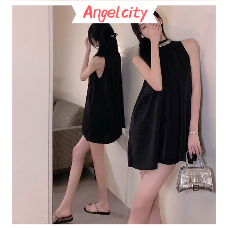 Đầm Voan Ngắn Không Tay Dáng Rộng Xếp Ly Màu Đen Thời Trang Công Sở Cho Nữ