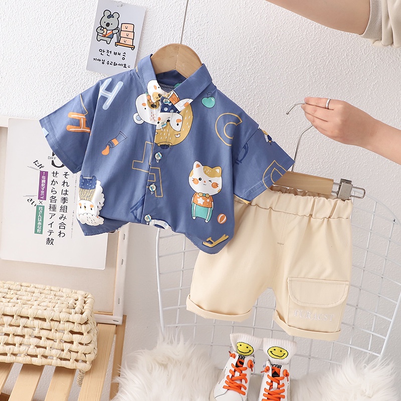 Bộ Áo Sơ Mi Tay Ngắn Phối Quần Short Vải Cotton In Hoạt Hình Thời Trang Mùa Hè Cho Bé Trai