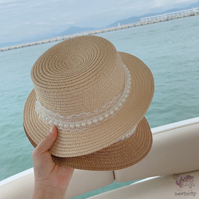 Mũ Cói Chống Nắng Phối Ren Đính Ngọc Trai Phong Cách Hàn Quốc Thời Trang Xuân Hè Dành Cho Bé Gái