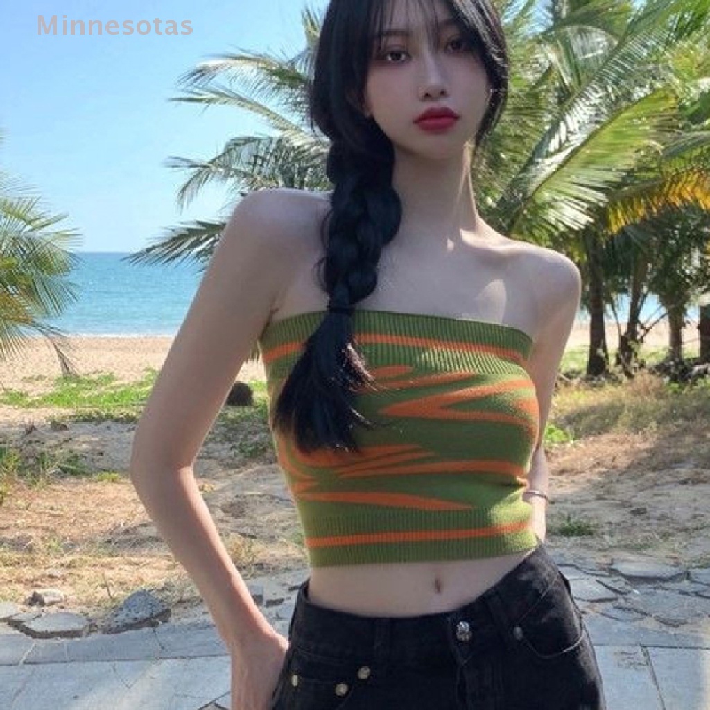 Hot Áo Croptop Dệt Kim Trễ Vai Không Tay Kẻ Sọc Màu Xanh Lá Thời Trang Đường Phố Cho Nữ