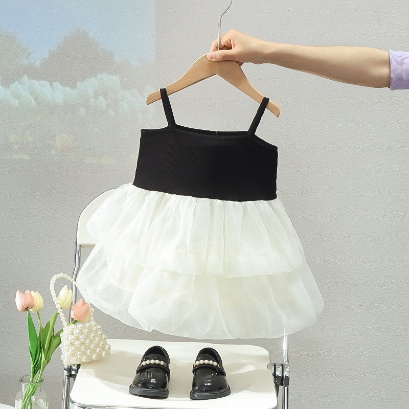Đầm Công Chúa Hai Dây Màu Trắng Đen Thời Trang Mùa Hè Cho Bé Gái 0-4 Tuổi