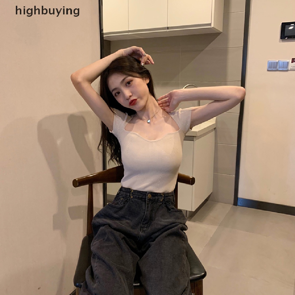 Áo Thun Dệt Kim Tay Ngắn Cổ Vuông Màu Sắc Đơn Giản Cho Nữ