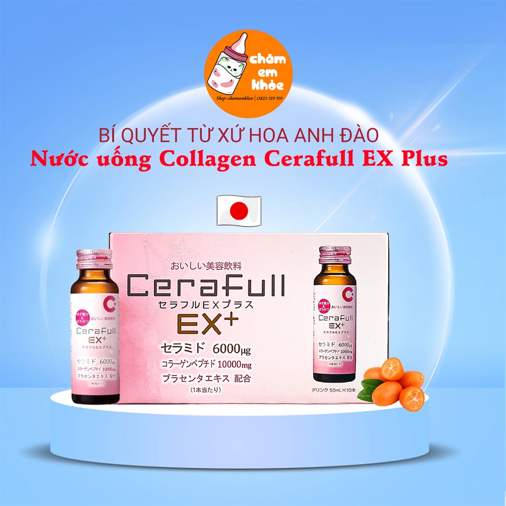 Nước uống Collagen Cerafull EX Plus Nhật Bản 50mL Hộp 10 lọ cho tuổi từ 25 tuổi với hàm lượng Collagen vượt trội