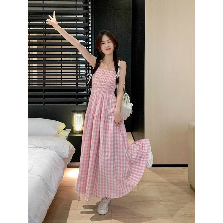 Đầm Hai Dây Dáng Dài Họa Tiết Sọc Caro Ngọt Ngào Thời Trang Mùa Hè Cho Nữ
