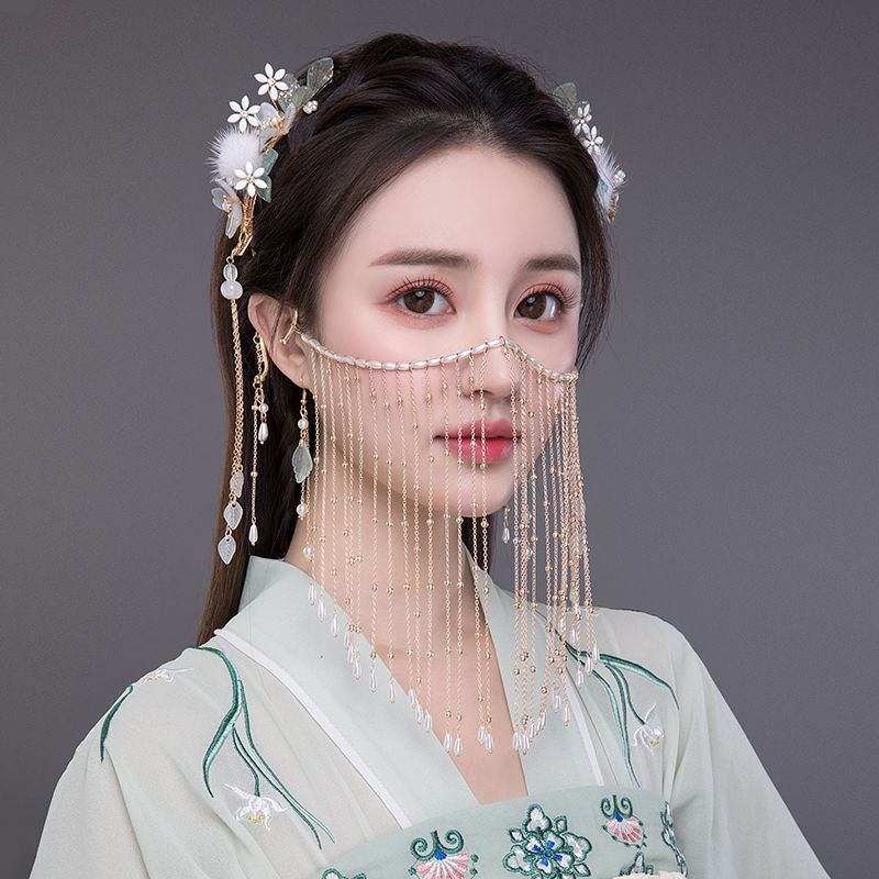 Bộ Phụ Kiện Tóc Che Phủ Mặt Phối Tua Rua Phong Cách Hanfu Cổ Điển Cho Nữ
