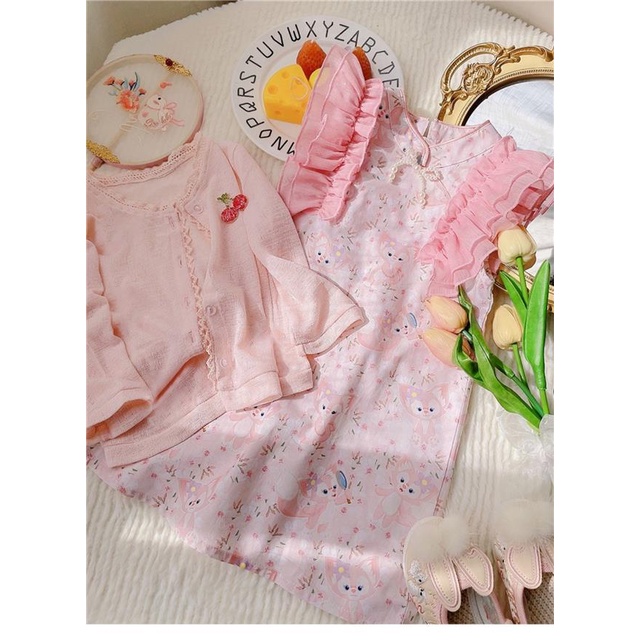 Đầm Sườn Xám In Họa Tiết Hoạt Hình Phối Bèo Dễ Thương Thời Trang Mùa Hè Cho Bé Gái