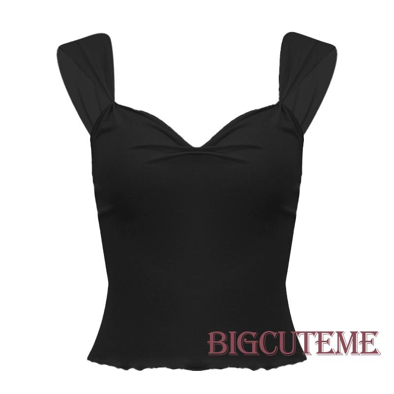 [] Áo Thun Crop Top Không Tay Cổ Chữ V Màu Trơn Viền Diềm Xếp Nếp Mùa Hè Cho Nữ