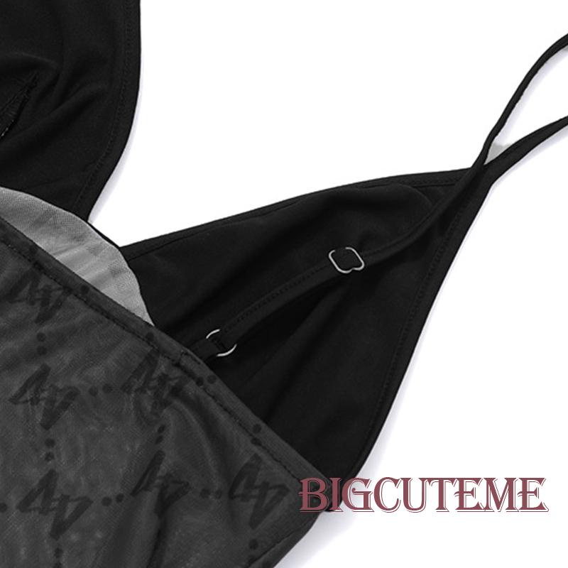 Bộ Áo Liền Quần Cổ Chữ V Không Tay Phối Lưới Kẻ Sọc Màu Đen Thời Trang Mùa Hè Cho Nữ