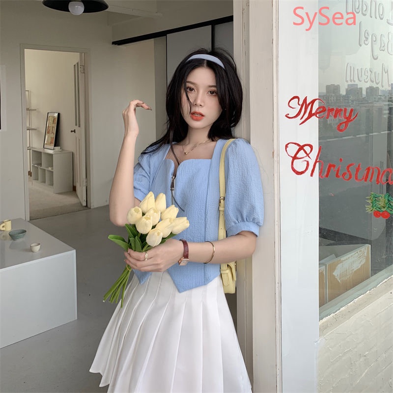 Áo Kiểu Cổ Vuông Phối Khóa Kéo Phong Cách Hàn Quốc Cho Nữ