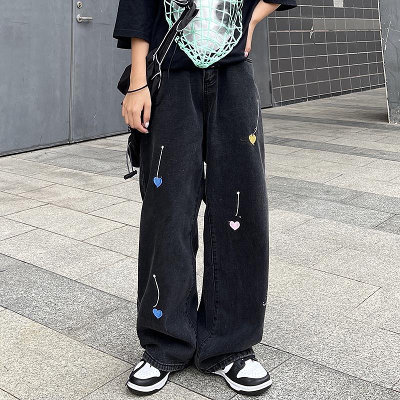 Quần Jean Dài Ống Rộng Thêu Họa Tiết Trái Tim Phong Cách Hip Hop Cá Tính Cho Nam