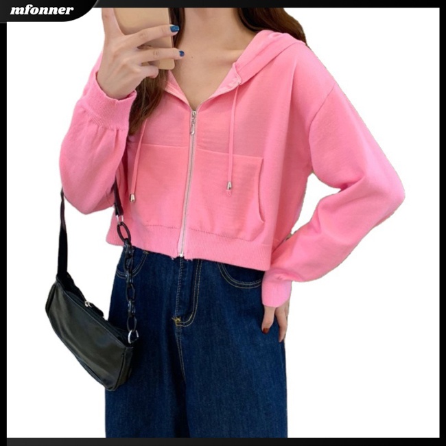 Áo Khoác Cardigan Lửng Có Nón Trùm Đầu Phối Dây Rút Dài Tay Trọng Lượng Nhẹ Toàn Diện Cho Nữ